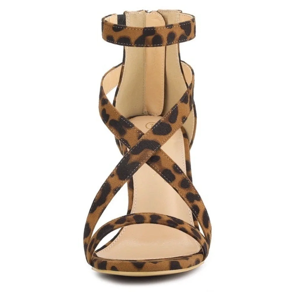 Leopard Print Strappy Stiletto Heels Ankle Strap Sandal Brown Black Size 10